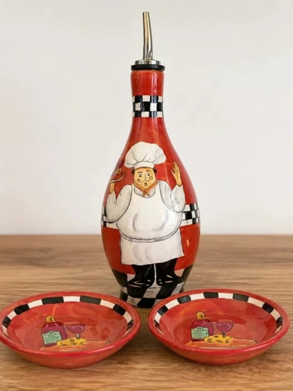 Italian Chef Hand Painted Ceramic Olive Oil Cruet & Dipping Dish Set - 3 pc